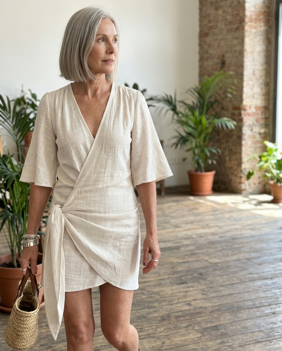 Wrap Mini Dress, Textured Fabric, Side Knot styled in a daylight interior setting