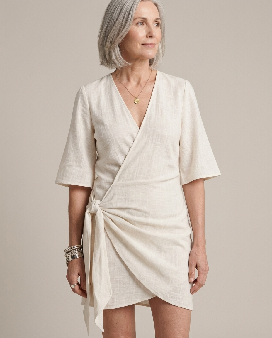 Wrap Mini Dress, Textured Fabric, Side Knot worn by a model, close waist-up view
