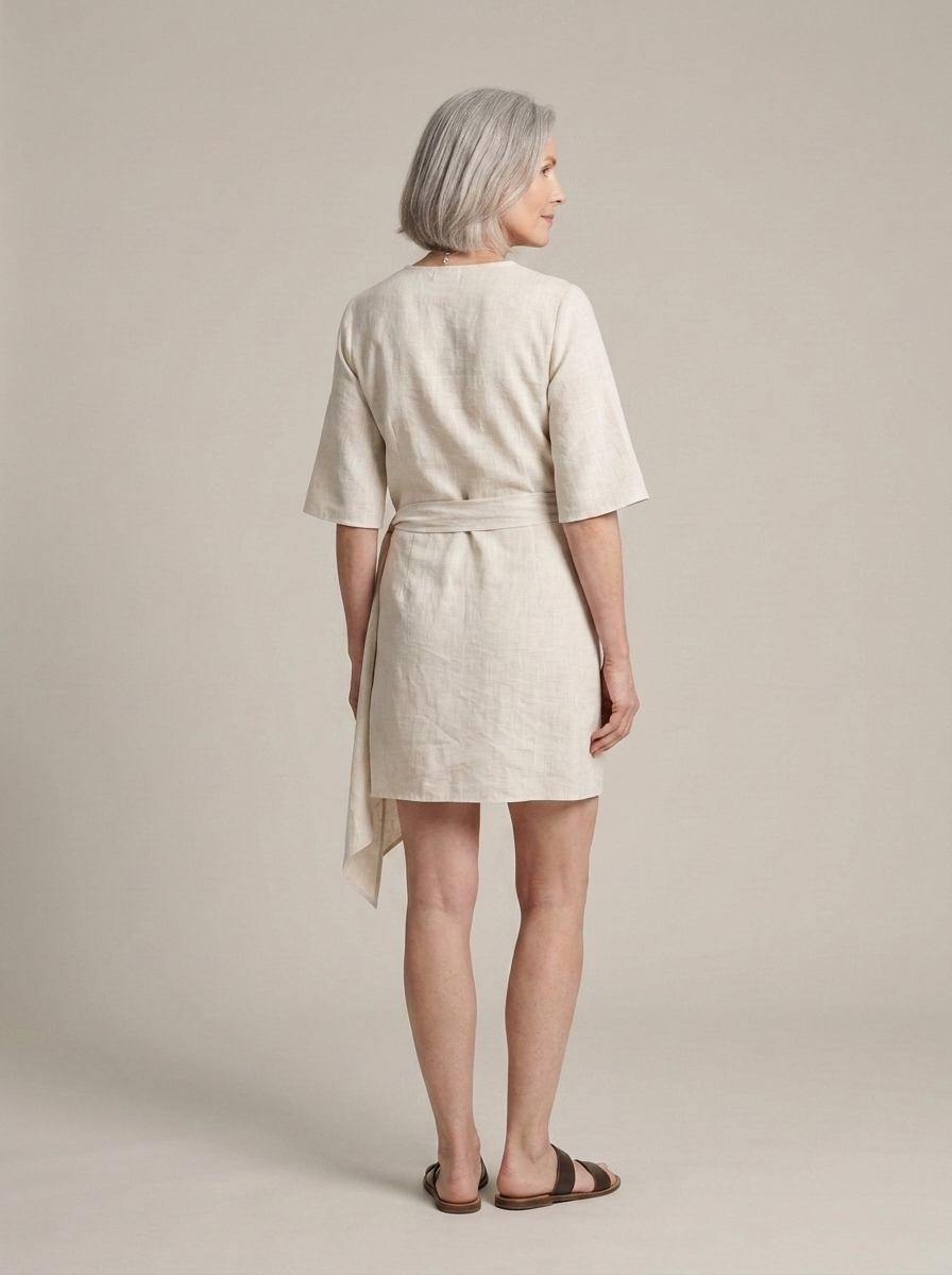 Textured Side-Knot Wrap Mini Dress worn by a model, back view