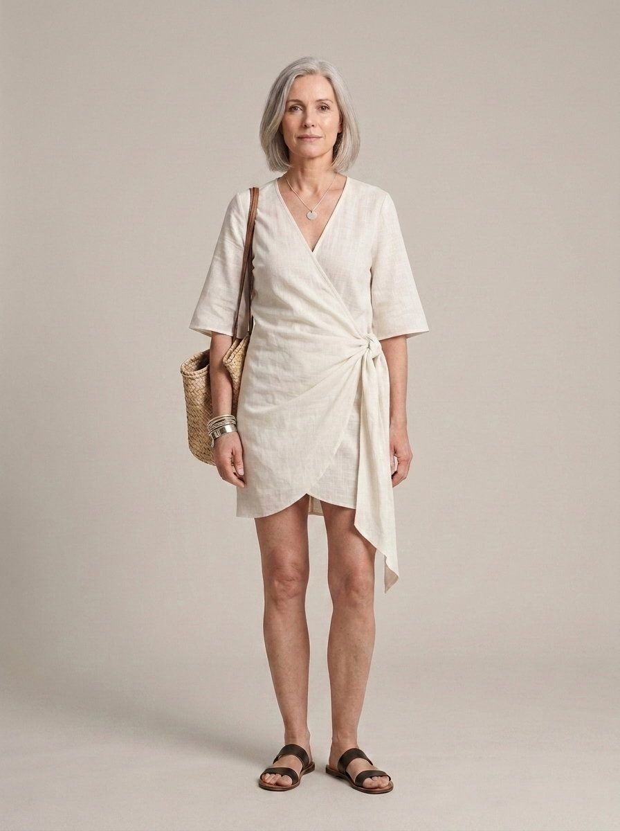 Wrap Mini Dress, Textured Fabric, Side Knot worn by a model, front view