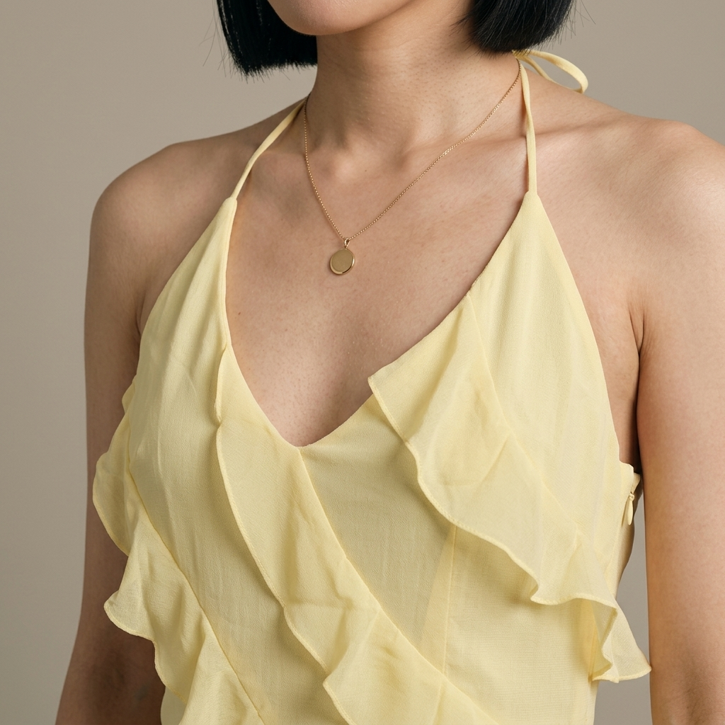 Close-up of Yellow Halter Neck Tiered Ruffle Maxi Dress detail
