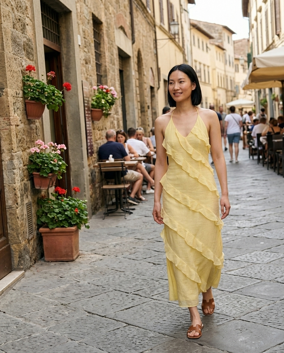 Yellow Halter Neck Tiered Ruffle Maxi Dress worn in an everyday street setting
