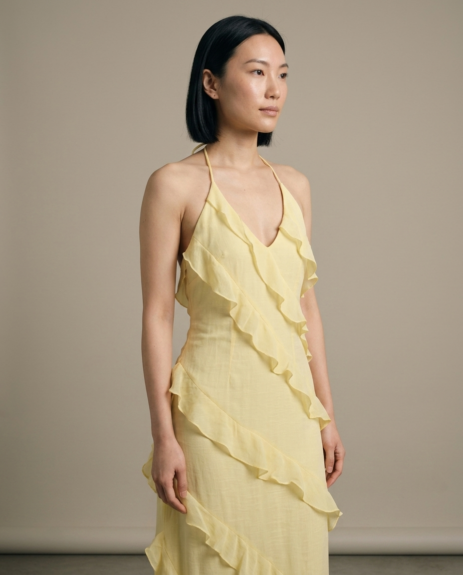 Yellow Halter Neck Tiered Ruffle Maxi Dress worn by a model, close waist-up view