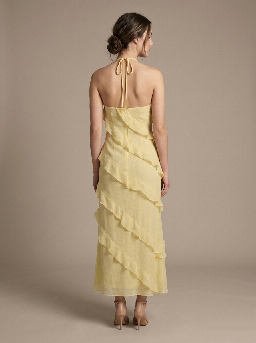 Yellow Halter Neck Tiered Ruffle Maxi Dress worn by a model, back view