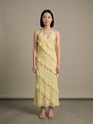 Yellow Halter Neck Tiered Ruffle Maxi Dress
