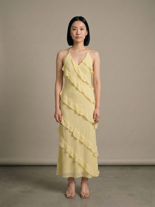 Yellow Halter Neck Tiered Ruffle Maxi Dress worn by a model, front view