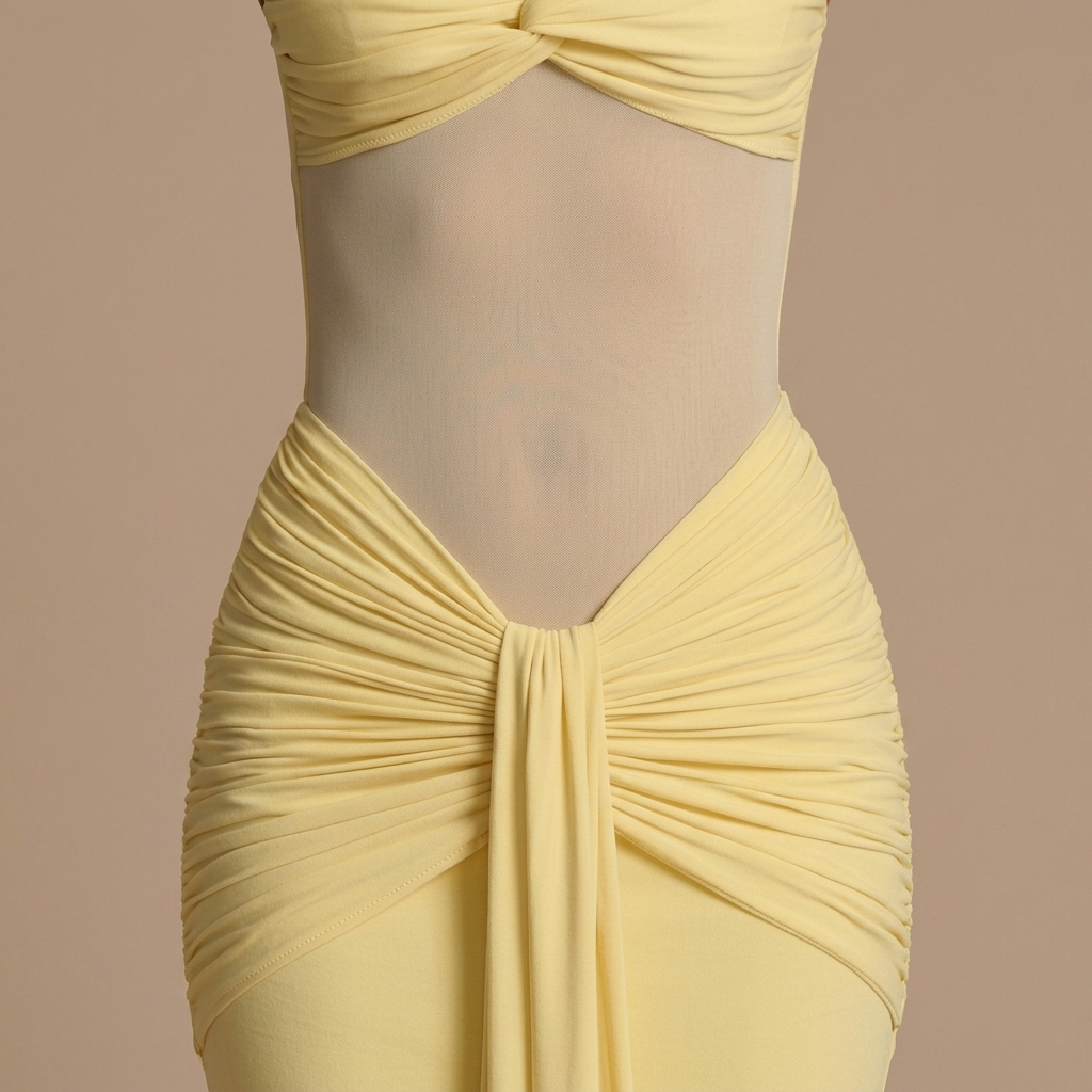Close-up of Yellow Halter Ruched Sheer Maxi Dress detail