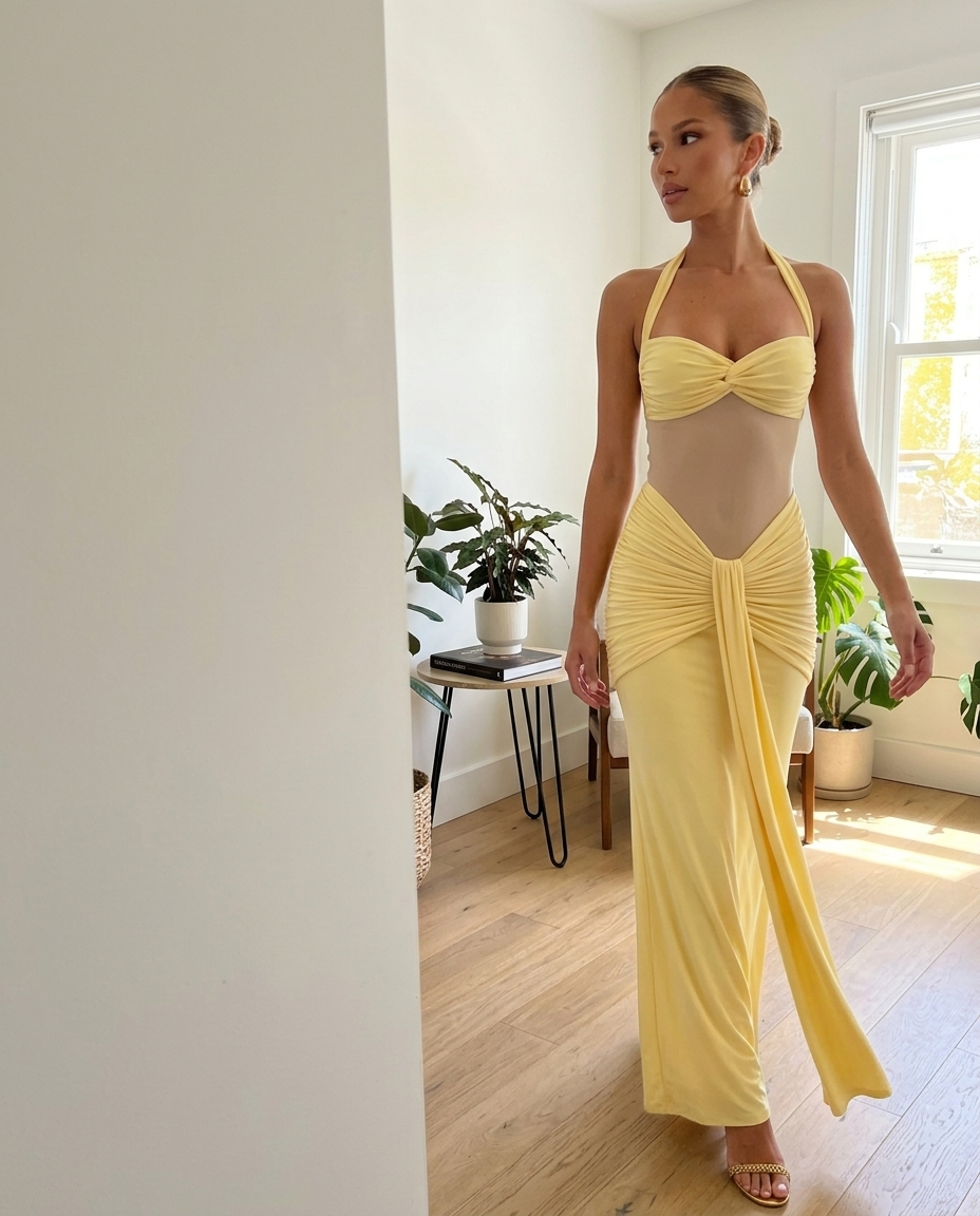 Yellow Halter Ruched Sheer Maxi Dress styled in a daylight interior setting