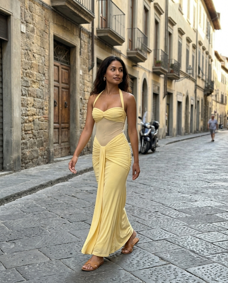 Yellow Halter Ruched Sheer Maxi Dress worn in an everyday street setting
