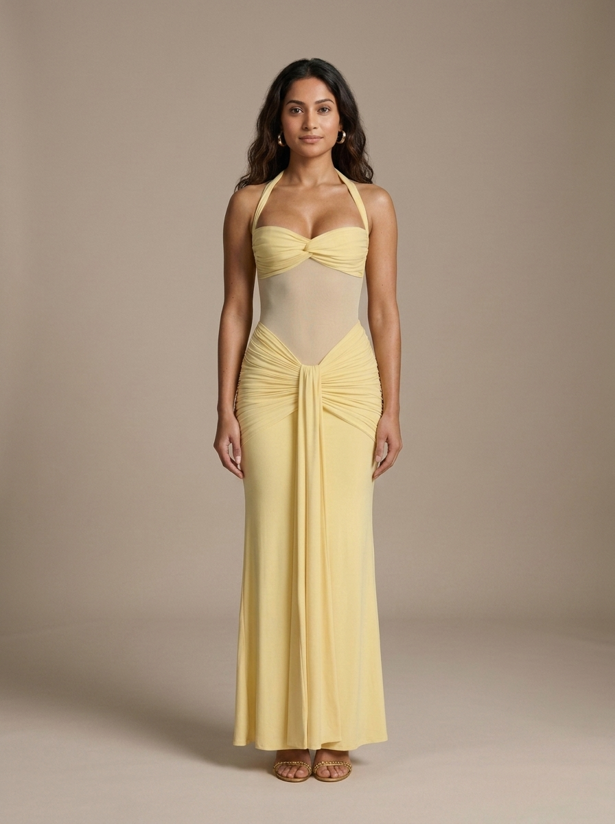 Yellow Halter Ruched Sheer Maxi Dress worn by a model, front view