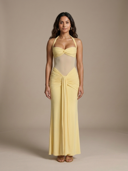 Yellow Halter Ruched Sheer Maxi Dress worn by a model, front view
