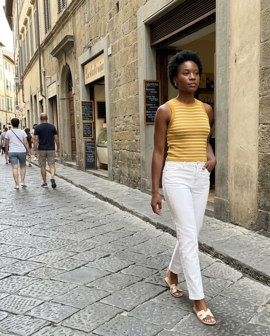Yellow Striped Ribbed Knit Tank Top worn in an everyday street setting