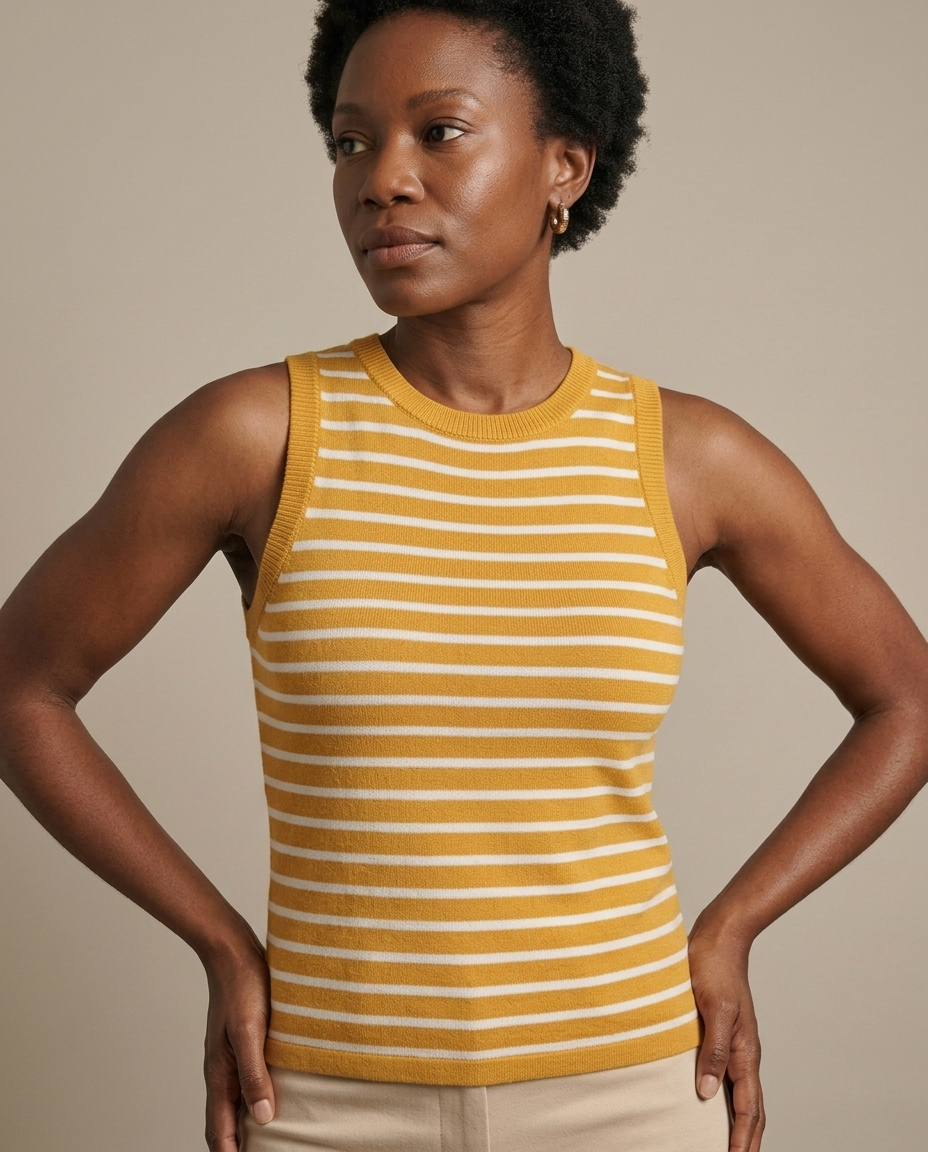Yellow Striped Ribbed Knit Tank Top worn by a model, close waist-up view