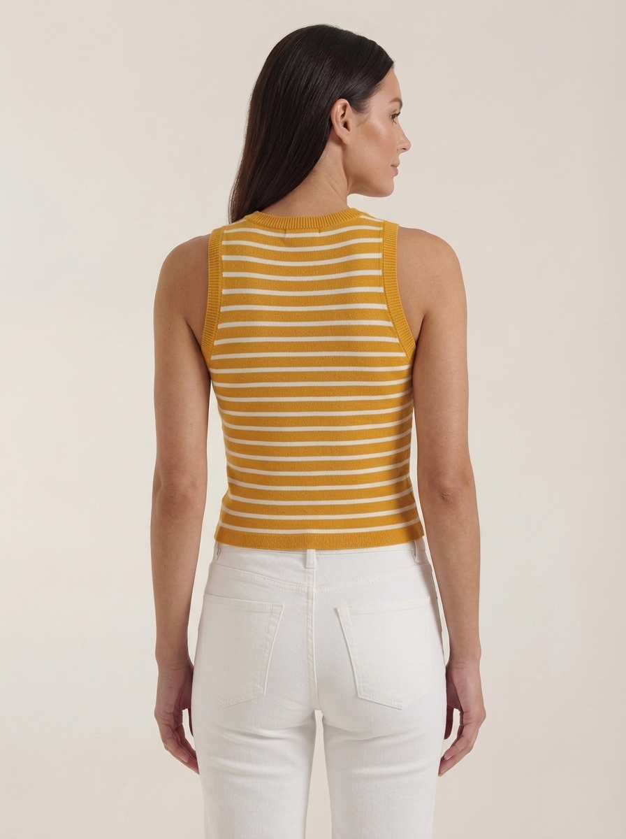 Yellow Striped Ribbed Knit Tank Top worn by a model, back view