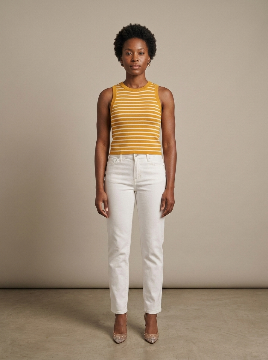Yellow Striped Ribbed Knit Tank Top worn by a model, front view